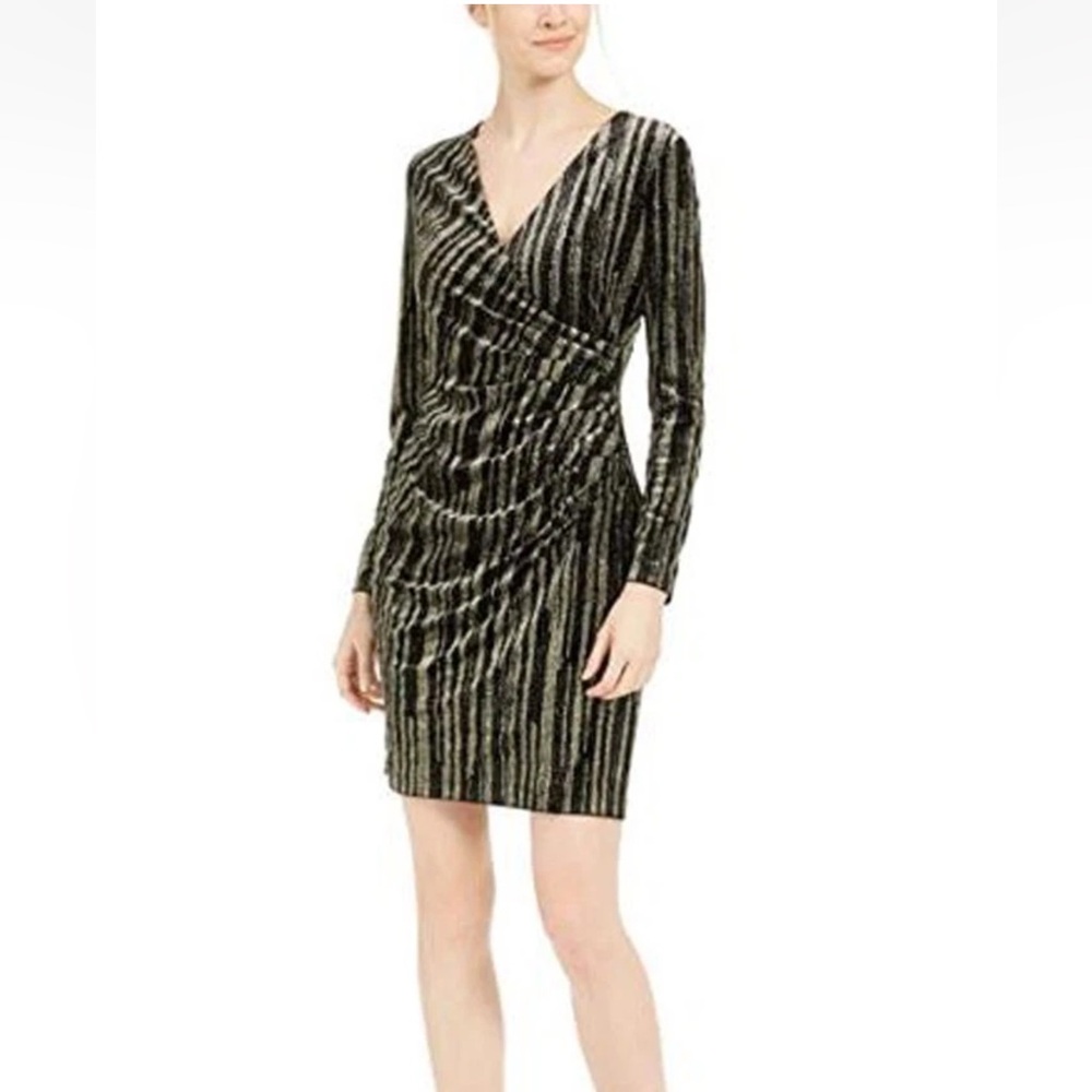 Calvin Klein Elegant Black‎ and Gold faux wrap Dress NEW